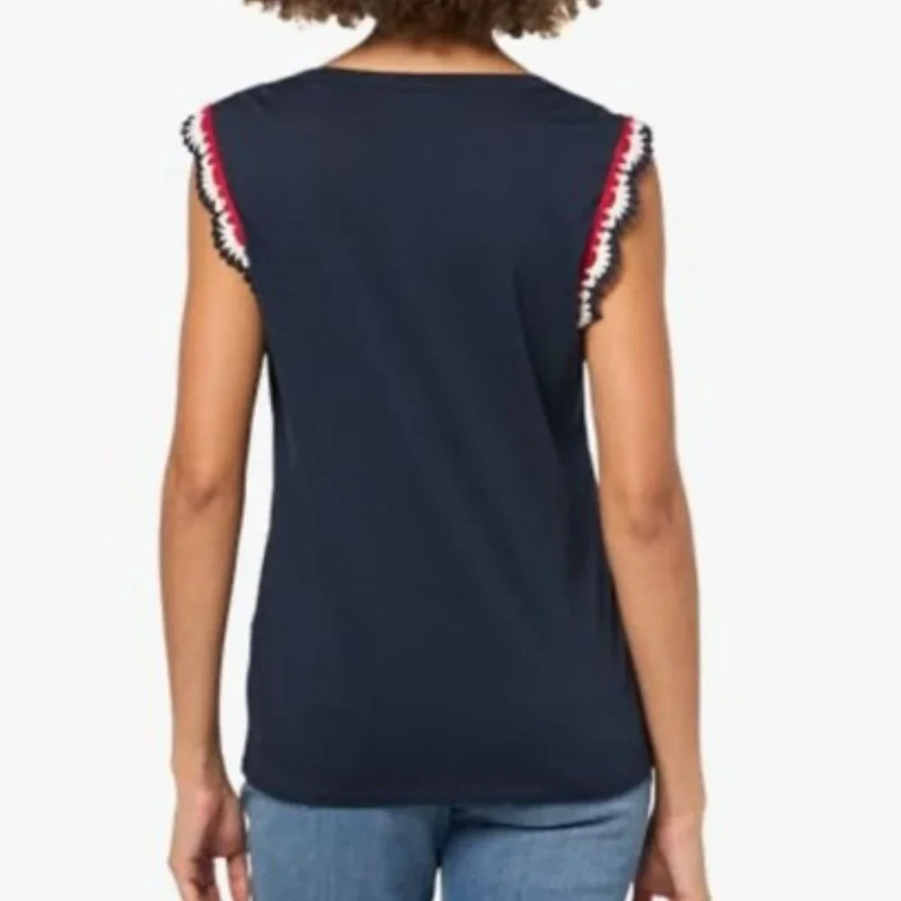 SOLD! NWT-Nautica Women's Solid Cotton V-neck Sleeveless W/Crocheted Trim Sleeve - Picture 2 of 4
